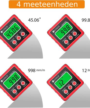 Digitale Hoekmeter rood – Precisie Hellingmeter - Compacte Waterdichte Waterpas – Inclinometer met LCD scherm & Hoesje –met 4 eenheden